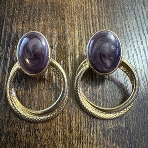 Vintage Gold Tone Round Circle Oval Purple Swirl Earrings